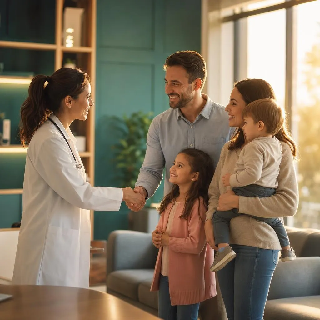 A physician warmly welcoming a young family to the clinic