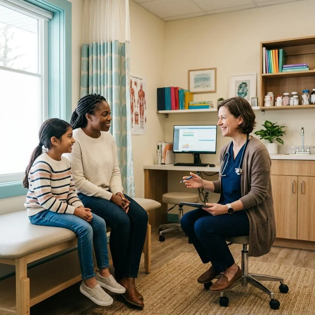 Illustrative image of a family physician talking with a mother and daughter in a bright examination room
