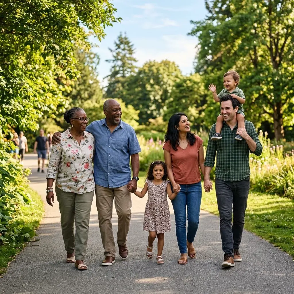 Illustrative image of a multigenerational family walking together along a sunny park path