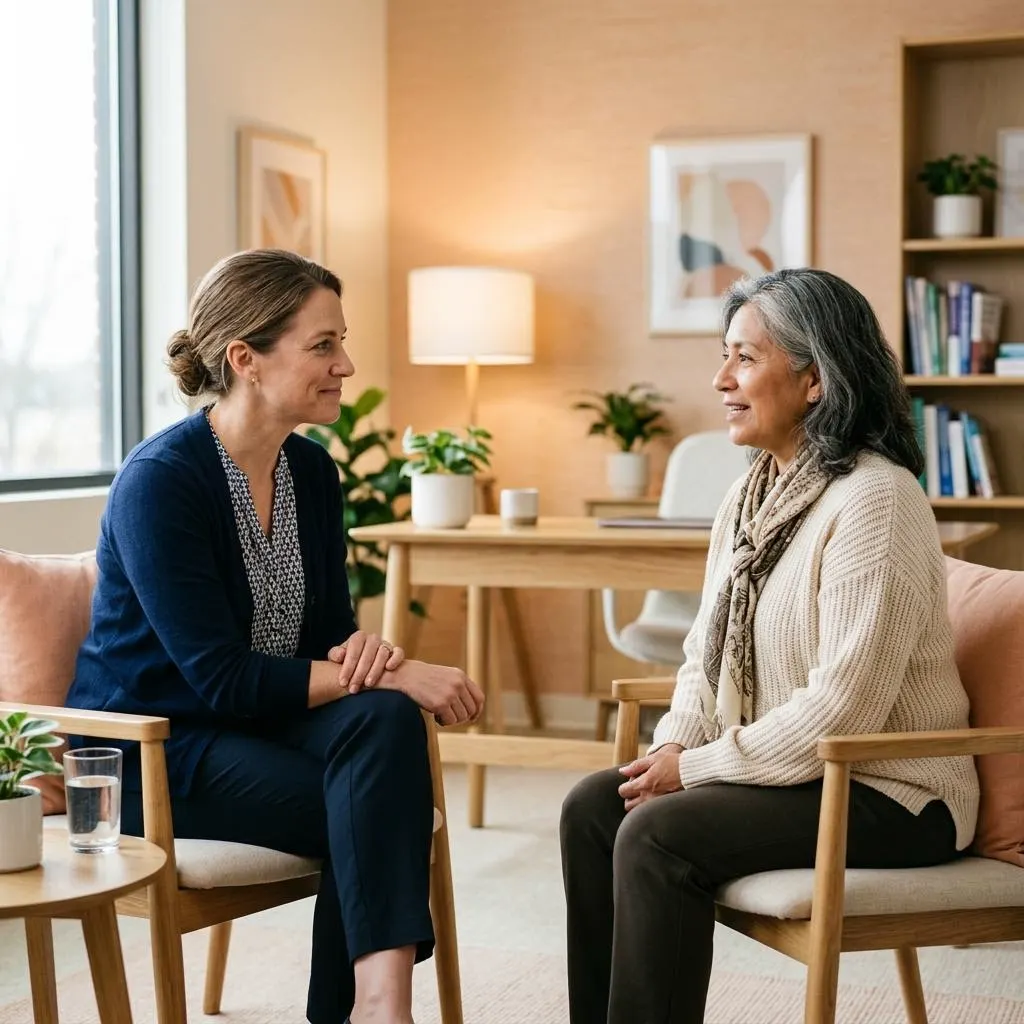 Illustrative image of two women in a relaxed, warmly lit conversation in a consultation room